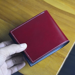 V5 Red Garnet Shell Cordovan And Buttero Leather Bifold Wallet With Coin Pocket Compartment. Customizable 10 Colors Shell Cordovan.