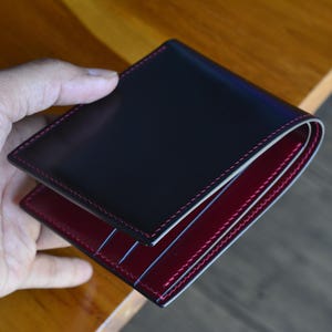 V1 Full Shell Cordovan Bifold Wallet. Men Leather Wallet. Black And Red Garnet Shell Cordovan Wallet.