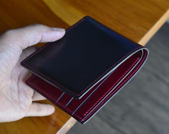 ロカド シェルコードバン 二つ折り財布：ブラック＆レッドレザー、小銭
