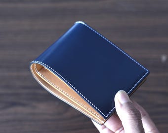 Cartera plegable V1 de piel de cordero azul marino y buttero. Cartera plegable personalizable de piel de cordero en 10 colores. Cartera de regalo para hombre.