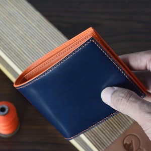 Navy Blue Shell Cordovan and Orange Buttero Leather Bifold Wallet. Customizable 10 Colour Shell Cordovan Bifold Wallet. Mens Gift Wallet.