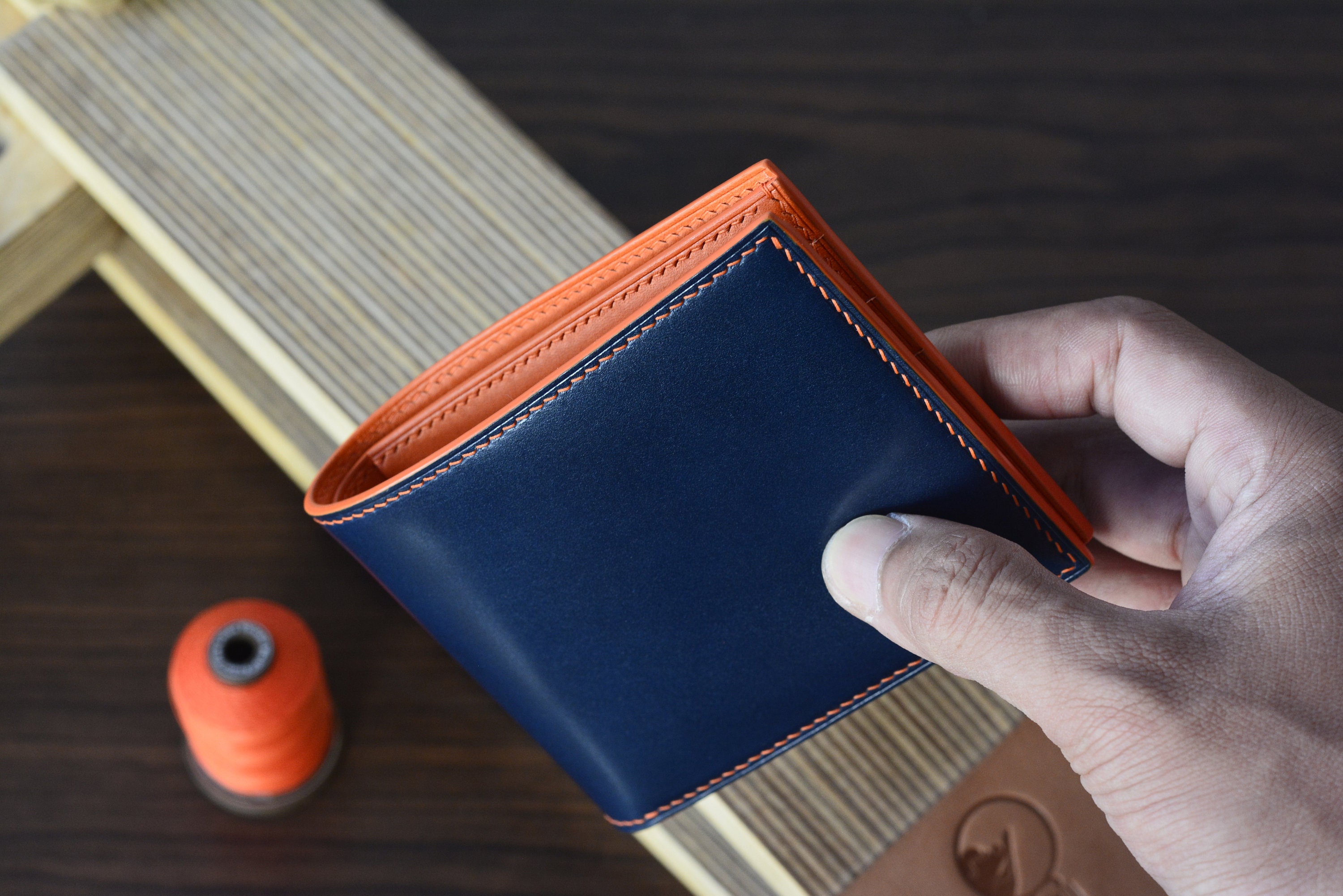 Navy Blue Shell Cordovan and Orange Buttero Leather Bifold - Etsy Denmark