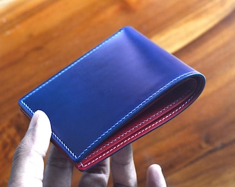 V1 Navy Blue Shell Cordovan and Red Buttero Leather Bifold Wallet. Mens Gift Wallet. Japanese Shell Wallet.