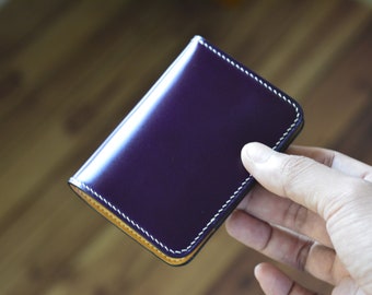 4Pocket Violet Shell Cordovan And Natural Italian Buttero Leather Bifold Card Holder. Minimalist Vertical Wallet. Front Pocket Wallet.