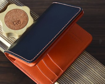 Black Shell Cordovan And Orange Buttero Leather Middle Wallet. Men Gift Wallet.