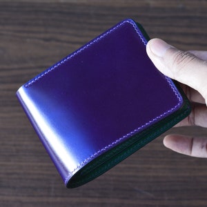 Cartera de piel de cordero violeta y buttero verde. Cartera plegable de piel de cordero en 10 colores. Cartera de regalo para hombre.
