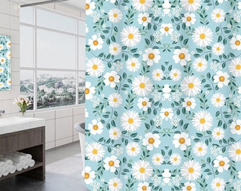 White Daisy Flowers Shower Curtain Blue Background Bathroom Accessory Sets 