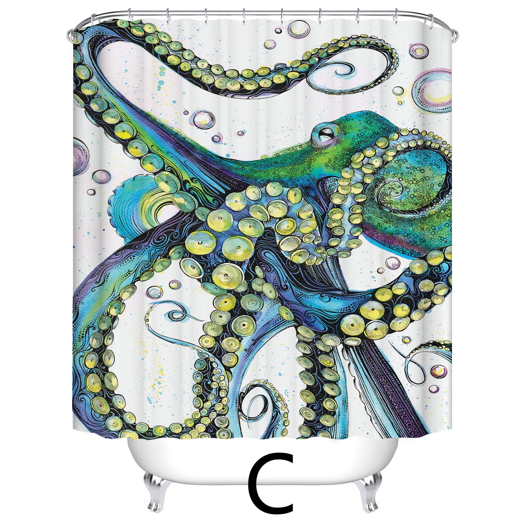 Octopus Shower Curtain With 12 Hooks Sea Creature Bathroom Etsy