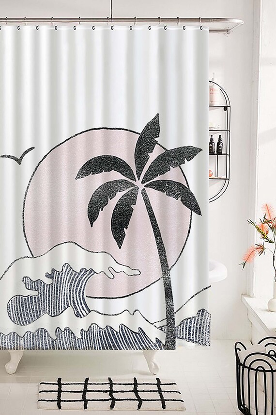Coconut Tree Shower Curtain Housewarming Gift Coconut Tree Shower Curtain Blue And White Shower Curtain Moon Shower Curtain