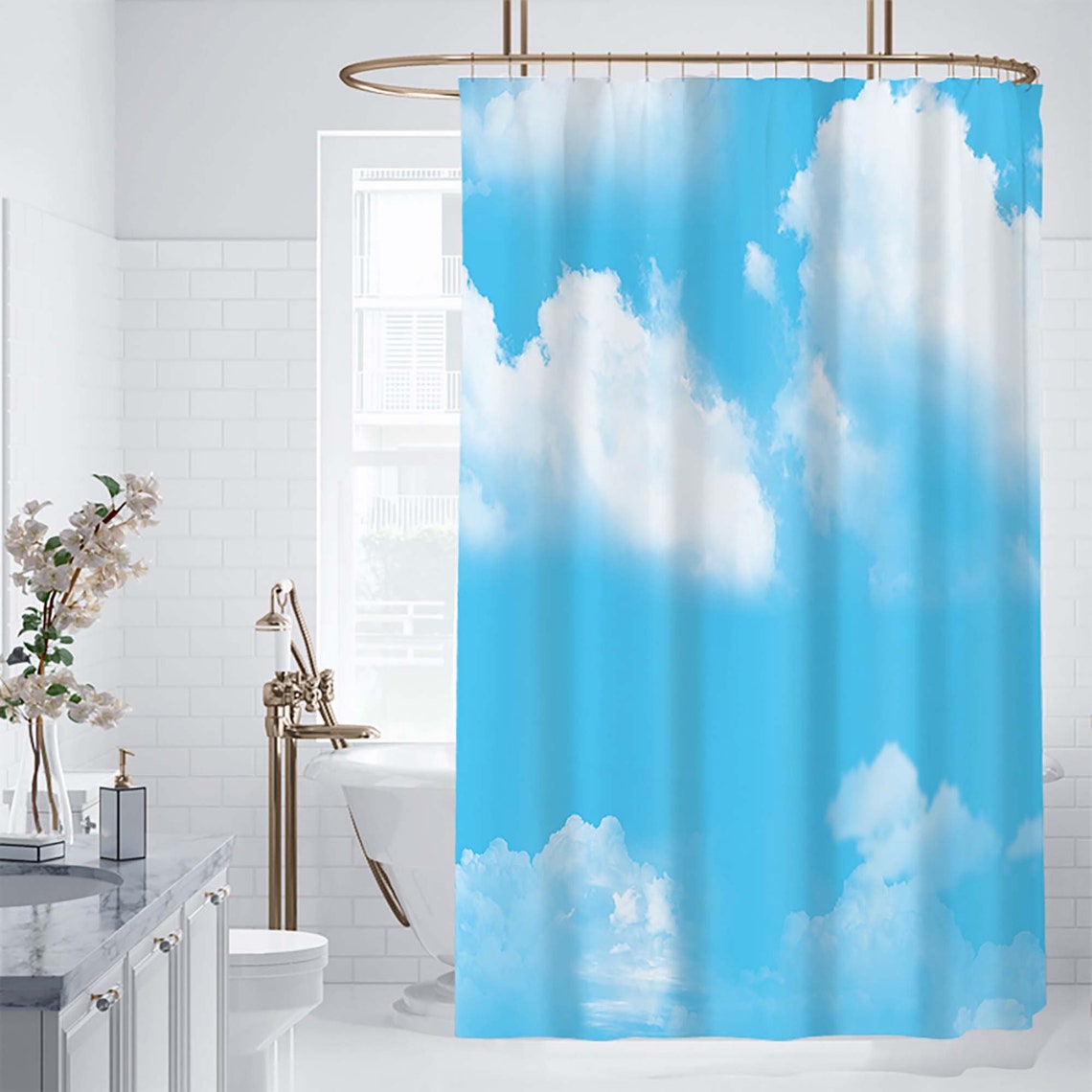 Blue Sky White Cloud Shower Curtain Natural Landscape Scenery Etsy