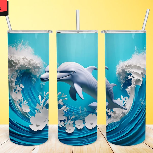 Dauphin sculpté en 3D sur les vagues 20 oz Skinny Tumbler Wrap Digital Design Png Sublimation Straign & Tapered 20 oz Tumbler