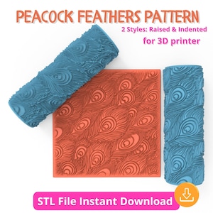 May include: An image showcasing a peacock feather pattern design for 3D printing. The design includes two blue rollers and a square orange tile, all featuring the feather pattern. The text "PEACOCK FEATHERS PATTERN" is at the top, with "STL File Instant Download" at the bottom.