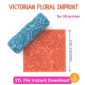 May include: A 3D printable model of a Victorian floral design roller for use with a 3D printer. The roller is 7 cm (2.75 inches) wide and features a detailed floral pattern.