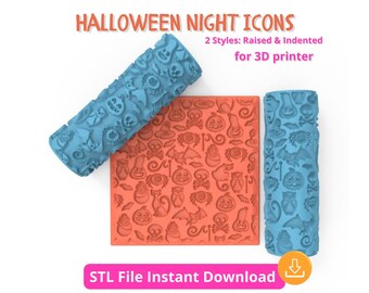 Archivo STL de rodillo de textura con patrón de Halloween: Calaveras, murciélagos, gatos y calabazas / Rodillo imprimible en 3D para arcilla polimérica y cerámica