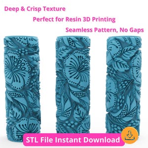 May include: Three teal cylinders with a floral design, suitable for resin 3D printing. The cylinders have a deep, crisp texture and a seamless pattern. The image includes the text "Deep & Crisp Texture" and "STL File Instant Download".