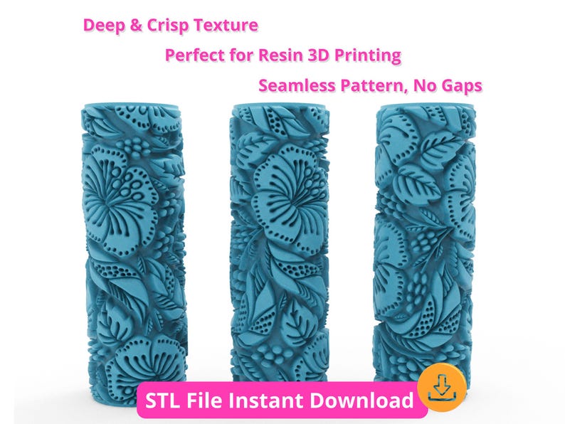 May include: Three teal cylinders with a floral design, suitable for resin 3D printing. The cylinders have a deep, crisp texture and a seamless pattern. The image includes the text "Deep & Crisp Texture" and "STL File Instant Download".