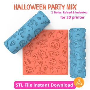 May include: A Halloween-themed 3D printer design set. The image shows two blue rollers and an orange square with Halloween-themed patterns. The text reads "HALLOWEEN PARTY MIX" and "2 Styles: Raised & Indented for 3D printer."