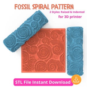 May include: An image showcasing a fossil spiral pattern design for 3D printing. The design includes two blue rollers and an orange square, all featuring a spiral fossil pattern. Text reads "FOSSIL SPIRAL PATTERN" and "2 Styles: Raised & Indented for 3D printer."