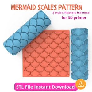 May include: A 3D printer file featuring a mermaid scales pattern. The image shows three examples: a blue roller, a coral-colored square, and a blue cylinder. Text reads "MERMAID SCALES PATTERN" and "STL File Instant Download."