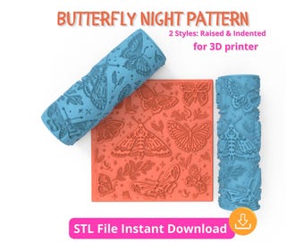 Patrón de mariposas a la luz de la luna: archivo STL 3D para arcilla polimérica y cerámica / Rodillo texturizador para impresión 3D