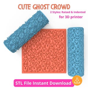 May include: A 3D printer design featuring a cute ghost crowd. The design includes two blue rollers and a coral-colored square, all with a ghost pattern. Text reads "CUTE GHOST CROWD" and "2 Styles: Raised & Indented for 3D printer."