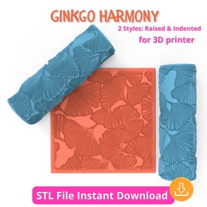 Puede incluir: Imagen de tres objetos impresos en 3D con un diseño de hojas de ginkgo. Los objetos son azules y naranjas. El texto dice "GINKGO HARMONY" y "2 Styles: Raised & Indented for 3D printer". También está presente la frase "STL File Instant Download".