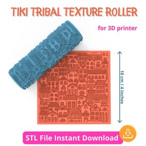 May include: A blue 3D printed texture roller with a design of small houses. The roller is 10 cm in diameter and is designed for use with a 3D printer. The image also shows a close-up of the roller's design, which is a repeating pattern of small houses.