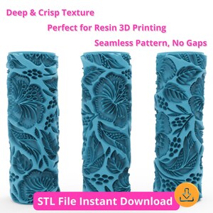 May include: Three teal cylinders with a floral design, designed for resin 3D printing. The objects have a deep, crisp texture and a seamless pattern. Text includes "Deep & Crisp Texture", "Seamless Pattern, No Gaps", and "STL File Instant Download".