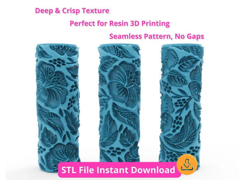 May include: Three teal cylinders with a floral design, designed for resin 3D printing. The objects have a deep, crisp texture and a seamless pattern. Text includes "Deep & Crisp Texture", "Seamless Pattern, No Gaps", and "STL File Instant Download".