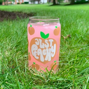 Summertime Fruit Beer Can Glass / Peaches Glass Can / Just Peach / Iced Coffee Glass / Fruit Cold Cup / Gift for Her