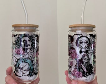 Scary Movie Horror Film Cup / Beer Can Glass / Horror Movie Tumbler / Scary Movie Fan Gift / Halloween Movies / Floral Scary Characters