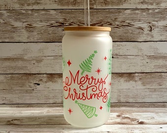 Merry Christmas Frosted Beer Can Glass / Custom Holiday Tumbler / Stocking Stuffer Gift for Her / Cute Xmas Glass / Christmas Tree Decor