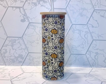Groovy Halloween Glass Tumbler / Retro Pumpkin Cup / Modern Coffee Glass / Iced Coffee Lover / Cute Floral Ghost Tumbler / Gift for her