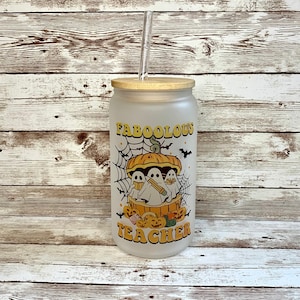 Halloween Teacher Beer Can Glass / Cute Ghost Coffee Cup / Halloween School Gift / Custom Iced Coffee Cup / Pumpkin Tumbler / Gift for Her