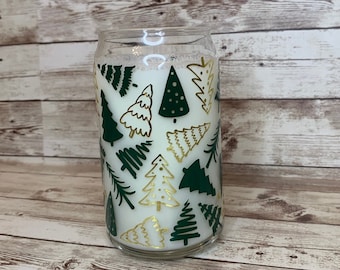Christmas Beer Can Glass / Christmas Tree Gift Idea / Iced Coffee Cup / Holiday Beer Gift / Gold Green Glass / Winter Gift Idea for Her