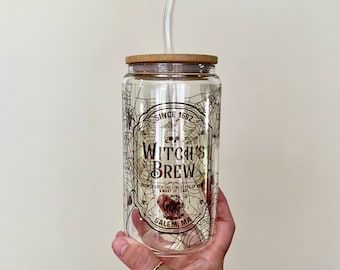 Witch's Brew Coffee Co Frosted Glass / Vintage Halloween Beer Can Glass / Gift for Her / Spooky Spider Web Tumbler / Iced Coffee Lover