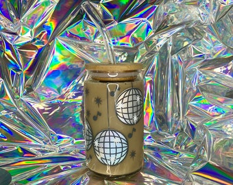 Disco Ball Beer Can Glass / Dancing Queen Libbey Glass / Iced Coffee Cup / Bridesmaid Gift Idea / Gift for her / Groovy Disco Tumbler