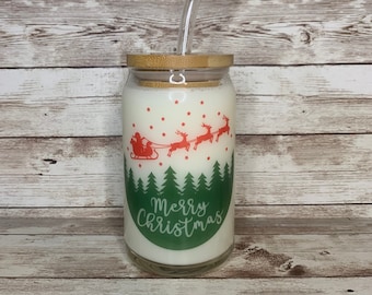 Color Changing Christmas Beer Can Glass / Holiday Tree Snowflake Present Glass / Iced Coffee Cup / Gift For Her / Santa Sleigh Xmas Scene
