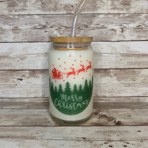 Color Changing Christmas Beer Can Glass / Holiday Tree Snowflake Present Glass / Iced Coffee Cup / Gift For Her / Santa Sleigh Xmas Scene