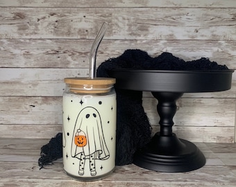 Cute Ghost Beer Can Glass / Halloween Iced Coffee Cup / Trick or Treat Tumbler / Spooky Season Glass / Cup with Bamboo Lid / Halloween Lover