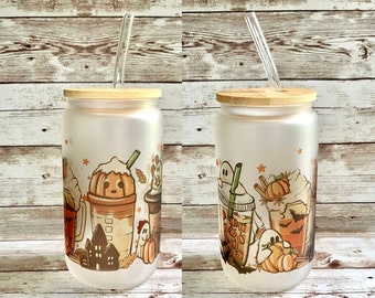 Fall Halloween Latte Beer Can Glass / Cute Scary Iced Coffee Cup / Pumpkin Spice Autumn Leaves / Gift for Her / Spooky Season Decoration
