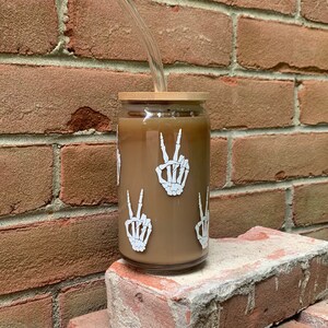 Skeleton Hands Beer Can Glass / Peace Sign / Iced Coffee Cup / Gift for Her / Spooky Season Glass / Cup with Bamboo Lid / Halloween Lover
