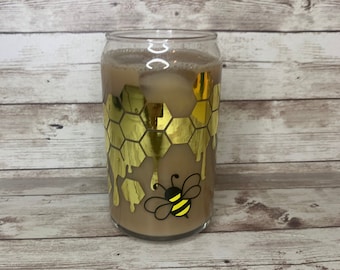 Honey Comb Bumble Bee Beer Can Glass / Bee Lover Gift Idea / Gift for her / Custom Bee Hive Glass / Iced Coffee Cup / Summer Cocktail Glass