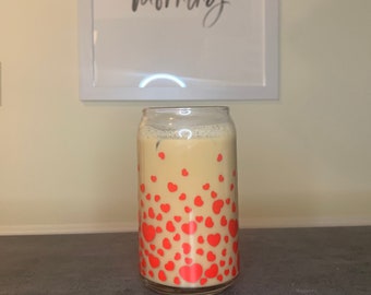 Valentines Day Beer Can Glass / Confetti Hearts Glass / Iced Coffee Glass / Coffee Lover Cup / Gift for her / Vday gift idea / Best friend