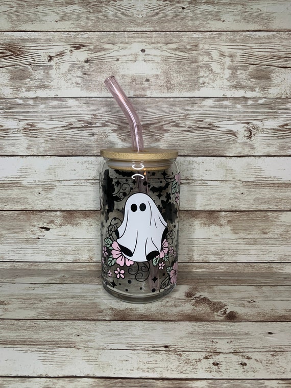 Floral Ghost Cup Halloween Glass Cup Spooky Season Cup -  in