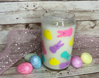 Easter Springtime Glass Cup / Custom Personalized Cold Cup / Gift for her / Easter Basket Stuffer / Peeps Custom Tumbler / Spring Beer Can