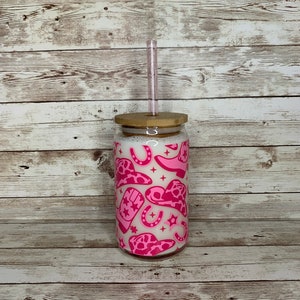 Pink Western Beer Can Glass / Country Girl Cup / Iced Coffee Cup / Gift for her / Western Themed Party Favor / Pink Girly Cowboy Boot Gift