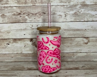 Vaso de cerveza rosa estilo western / Vaso para chica de campo / Vaso para café helado / Regalo para ella / Recuerdo de fiesta con temática western / Regalo con botas vaqueras rosas para chica