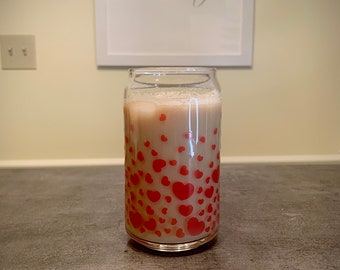 Color Changing Valentines Day Beer Can Glass / Hearts Glass / Iced Coffee Glass / Coffee Lover Cup / Gift for her / Vday gift idea /confetti