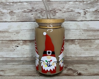 Christmas Gnomes Beer Can Glass / Xmas Lights / Iced Coffee Cup / Gift For Her / Cute Holiday Gnomes / Gift exchange idea / Holiday cup